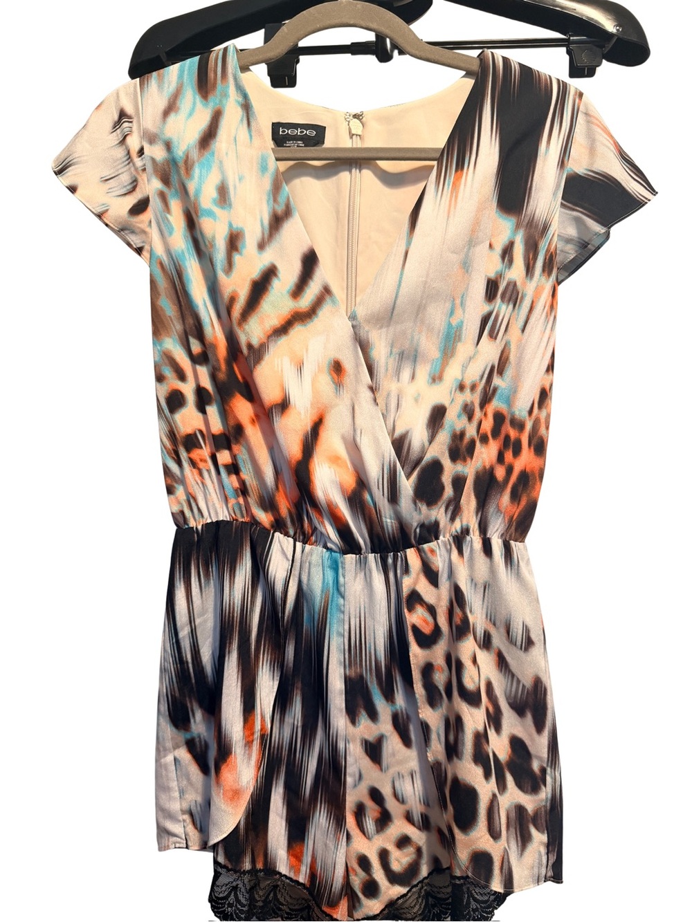 Bebe Y2K Abstract Animal Print Romper XS Plunge Neck Lace Trim